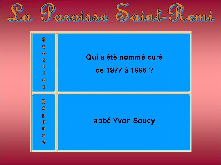 Qui a été nommé curé de 1977 à 1996 ? abbé Yvon Soucy Qui a été nommé curé de 1977 à 1996 ? abbé Yvon Soucy