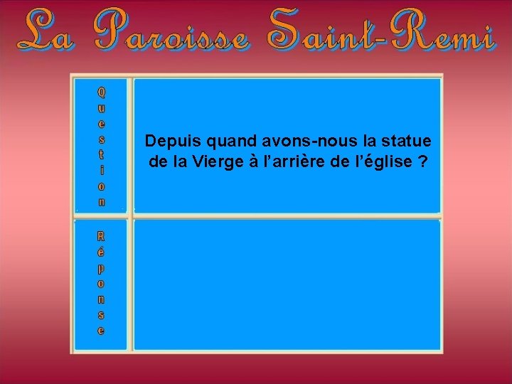 Depuis quand avons-nous la statue de la Vierge à l’arrière de l’église ? Depuis quand avons-nous la statue de la Vierge à l’arrière de l’église ?