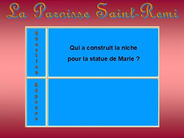 Qui a construit la niche pour la statue de Marie ? Qui a construit la niche pour la statue de Marie ?