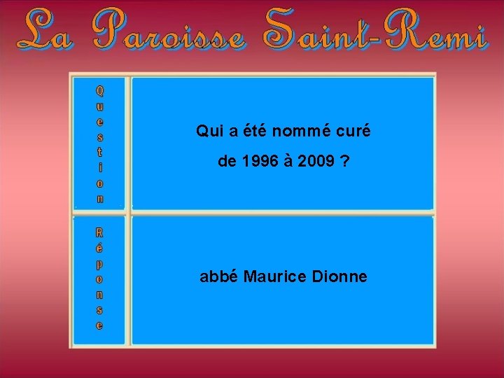Qui a été nommé curé de 1996 à 2009 ? abbé Maurice Dionne Qui a été nommé curé de 1996 à 2009 ? abbé Maurice Dionne