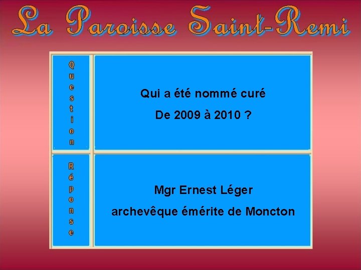 Qui a été nommé curé De 2009 à 2010 ? Mgr Ernest Léger archevêque Qui a été nommé curé De 2009 à 2010 ? Mgr Ernest Léger archevêque