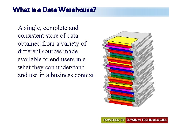 What is a Data Warehouse? A single, complete and consistent store of data obtained What is a Data Warehouse? A single, complete and consistent store of data obtained