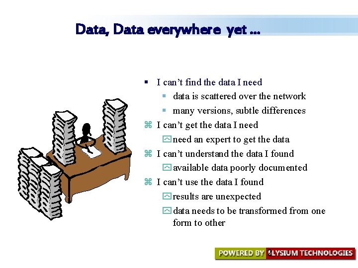 Data, Data everywhere yet. . . § I can’t find the data I need Data, Data everywhere yet. . . § I can’t find the data I need