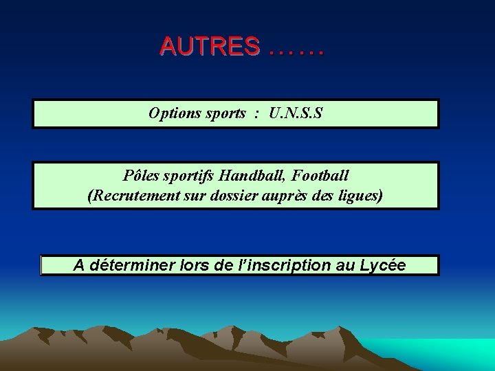 AUTRES …… Options sports : U. N. S. S Pôles sportifs Handball, Football (Recrutement AUTRES …… Options sports : U. N. S. S Pôles sportifs Handball, Football (Recrutement