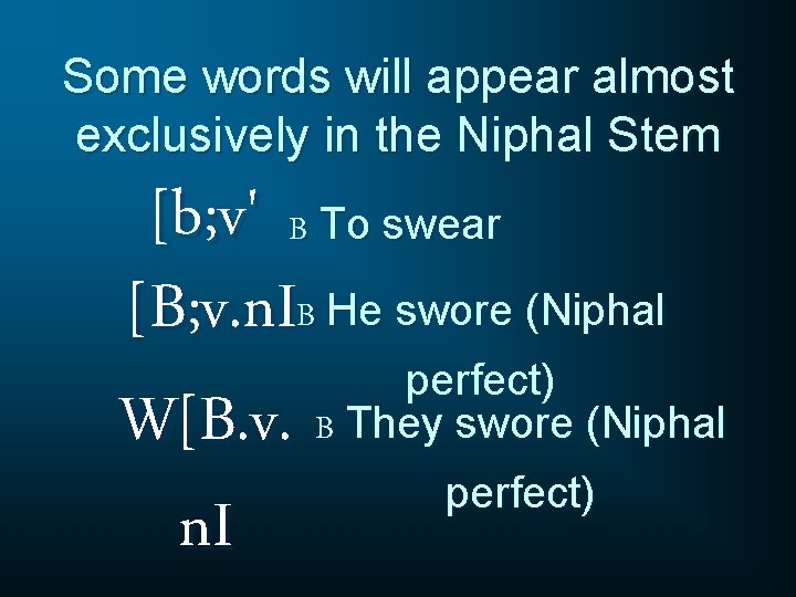 Some words will appear almost exclusively in the Niphal Stem [b; v' B To