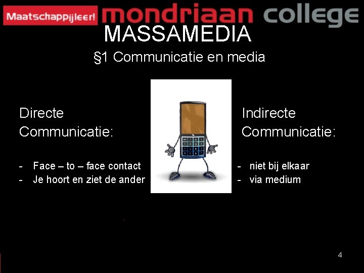 MASSAMEDIA § 1 Communicatie en media Directe Communicatie: - Face – to – face MASSAMEDIA § 1 Communicatie en media Directe Communicatie: - Face – to – face