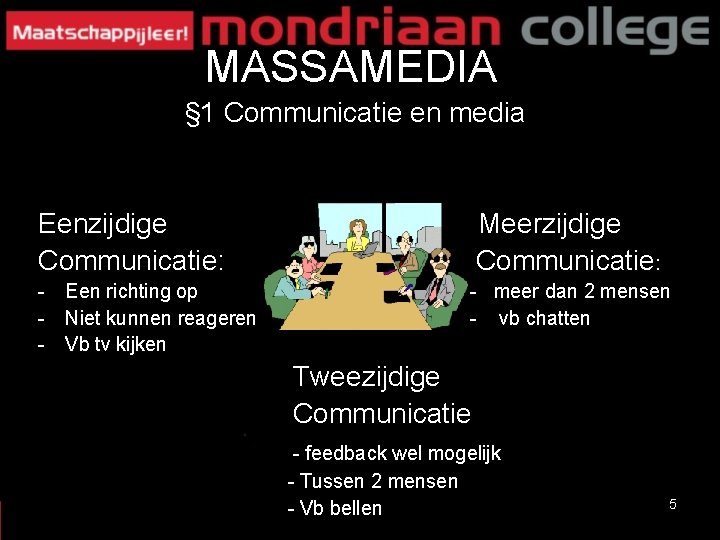 MASSAMEDIA § 1 Communicatie en media Eenzijdige Communicatie: Meerzijdige Communicatie: - Een richting op MASSAMEDIA § 1 Communicatie en media Eenzijdige Communicatie: Meerzijdige Communicatie: - Een richting op