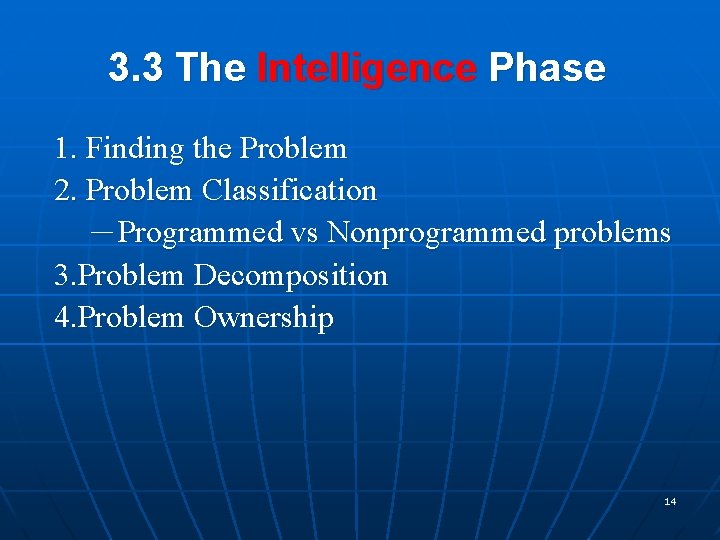 3. 3 The Intelligence Phase 1. Finding the Problem 2. Problem Classification －Programmed vs