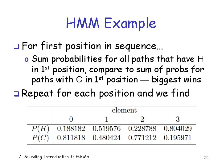 HMM Example q For first position in sequence… o Sum probabilities for all paths