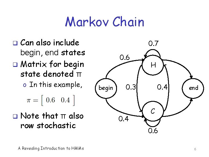 Markov Chain Can also include begin, end states q Matrix for begin state denoted