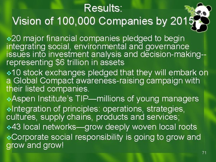 Results: Vision of 100, 000 Companies by 2015 v 20 major financial companies pledged Results: Vision of 100, 000 Companies by 2015 v 20 major financial companies pledged