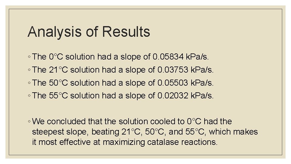 Analysis of Results ◦ The 0°C solution had a slope of 0. 05834 k.