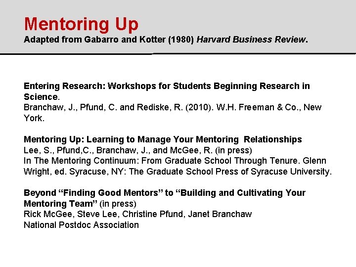 Mentoring Up Adapted from Gabarro and Kotter (1980) Harvard Business Review. Entering Research: Workshops Mentoring Up Adapted from Gabarro and Kotter (1980) Harvard Business Review. Entering Research: Workshops