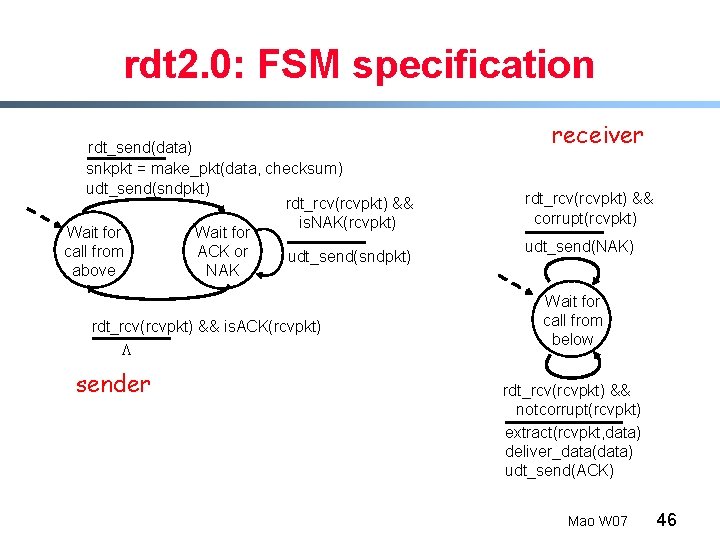 rdt 2. 0: FSM specification rdt_send(data) snkpkt = make_pkt(data, checksum) udt_send(sndpkt) rdt_rcv(rcvpkt) && is.