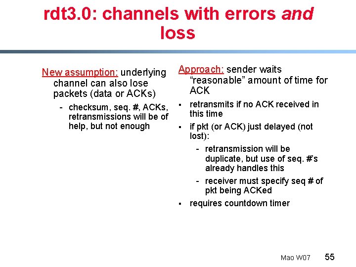 rdt 3. 0: channels with errors and loss New assumption: underlying channel can also