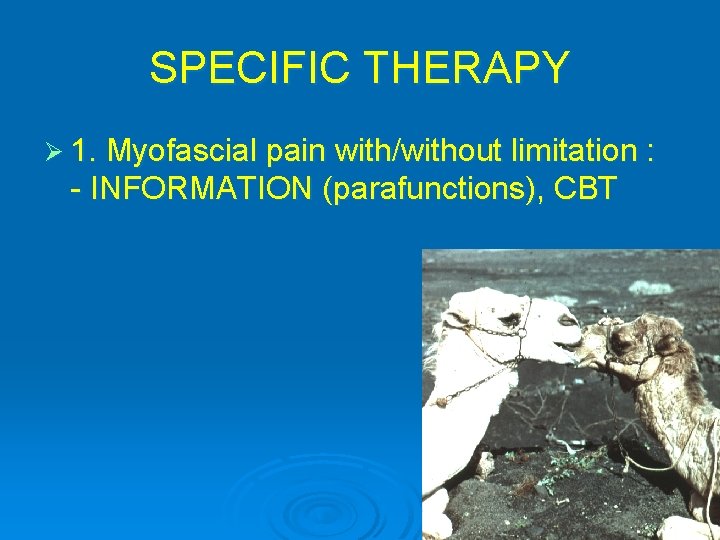 SPECIFIC THERAPY Ø 1. Myofascial pain with/without limitation : - INFORMATION (parafunctions), CBT 