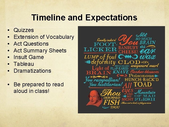 Timeline and Expectations • • Quizzes Extension of Vocabulary Act Questions Act Summary Sheets