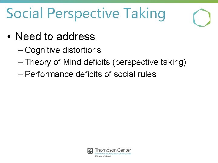 Social Perspective Taking • Need to address – Cognitive distortions – Theory of Mind Social Perspective Taking • Need to address – Cognitive distortions – Theory of Mind