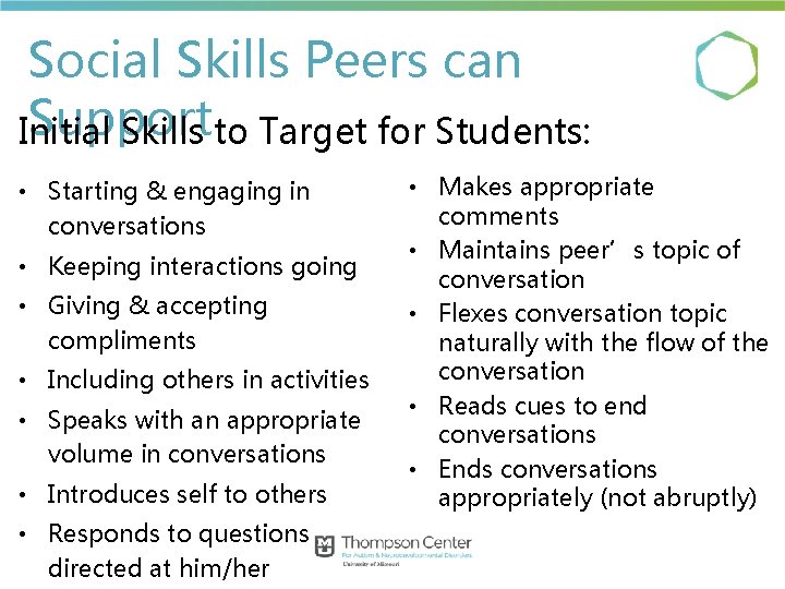 Social Skills Peers can Support Initial Skills to Target for Students: • Starting & Social Skills Peers can Support Initial Skills to Target for Students: • Starting &