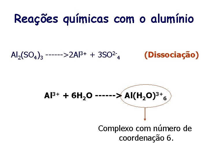 Reações químicas com o alumínio Al 2(SO 4)3 ------>2 Al 3+ + 3 SO