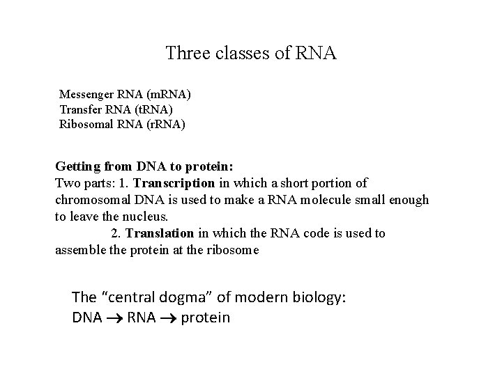 Three classes of RNA Messenger RNA (m. RNA) Transfer RNA (t. RNA) Ribosomal RNA
