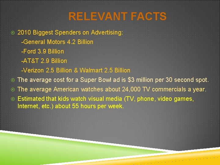 RELEVANT FACTS 2010 Biggest Spenders on Advertising: -General Motors 4. 2 Billion -Ford 3.