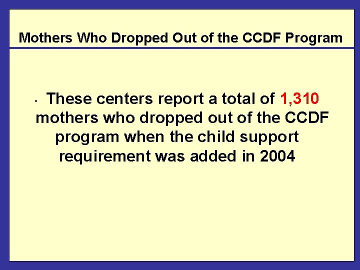 Mothers Who Dropped Out of the CCDF Program These centers report a total of