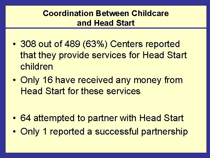 Coordination Between Childcare and Head Start • 308 out of 489 (63%) Centers reported