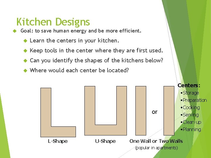Kitchen Designs Goal: to save human energy and be more efficient. Learn the centers