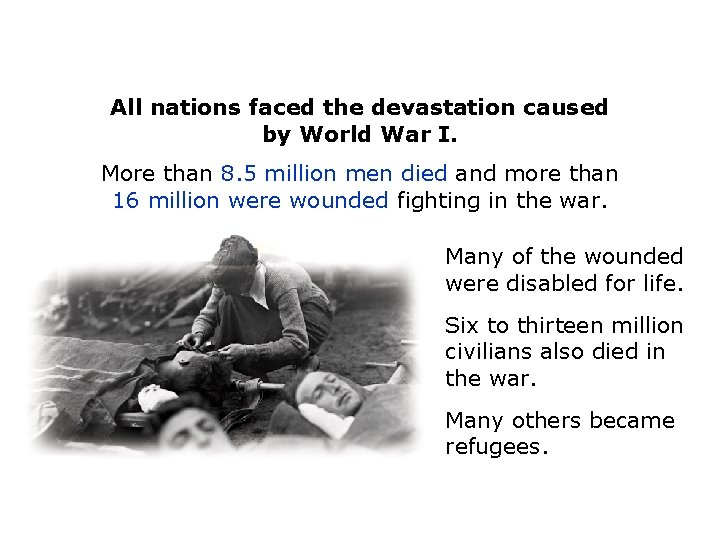 All nations faced the devastation caused by World War I. More than 8. 5