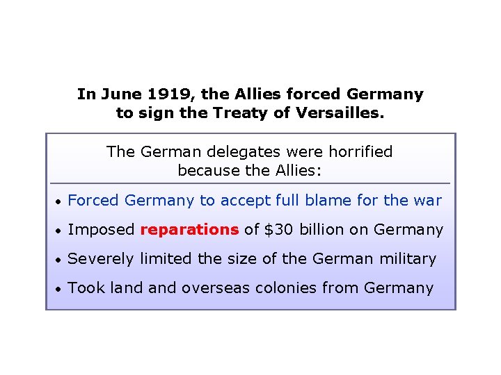 In June 1919, the Allies forced Germany to sign the Treaty of Versailles. The
