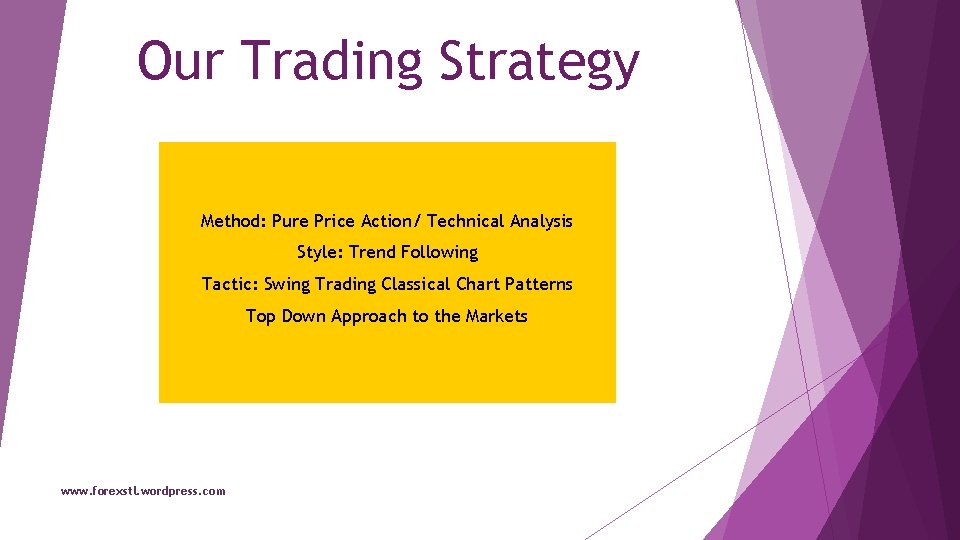 Our Trading Strategy Method: Pure Price Action/ Technical Analysis Style: Trend Following Tactic: Swing