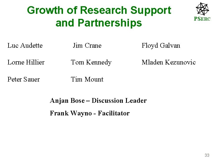 Growth of Research Support and Partnerships PSERC Luc Audette Jim Crane Floyd Galvan Lorne