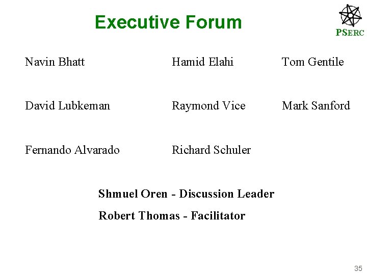 Executive Forum PSERC Navin Bhatt Hamid Elahi Tom Gentile David Lubkeman Raymond Vice Mark