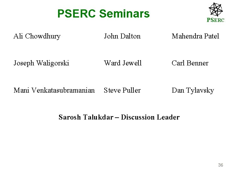 PSERC Seminars PSERC Ali Chowdhury John Dalton Mahendra Patel Joseph Waligorski Ward Jewell Carl