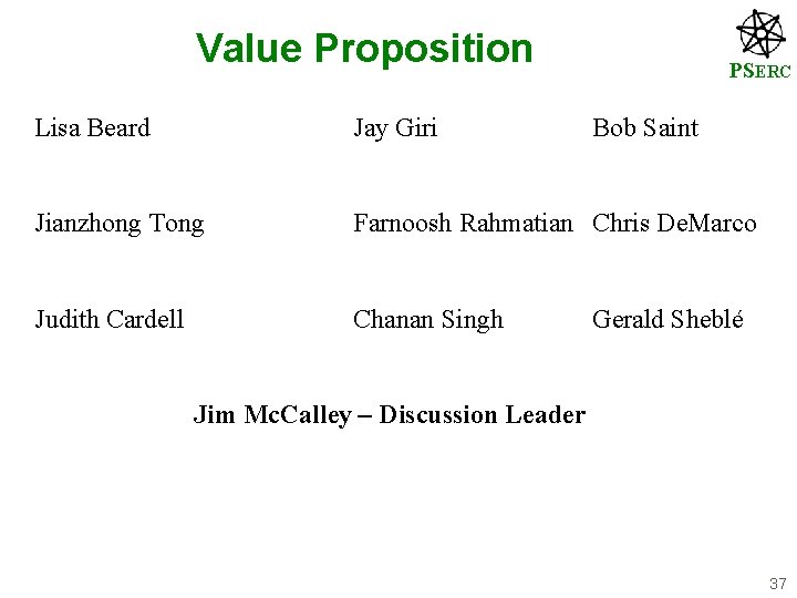 Value Proposition PSERC Lisa Beard Jay Giri Bob Saint Jianzhong Tong Farnoosh Rahmatian Chris