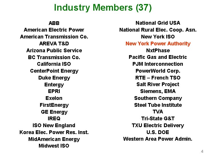 Industry Members (37) ABB American Electric Power American Transmission Co. AREVA T&D Arizona Public