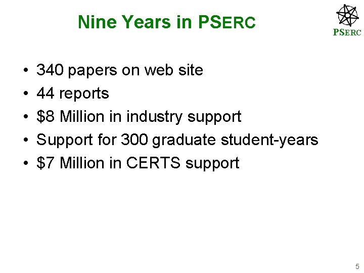 Nine Years in PSERC • • • PSERC 340 papers on web site 44