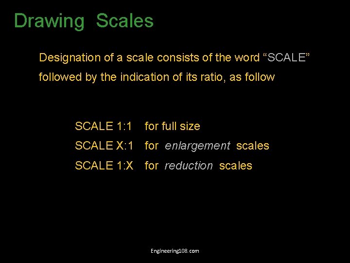 Drawing Scales Designation of a scale consists of the word “SCALE” followed by the