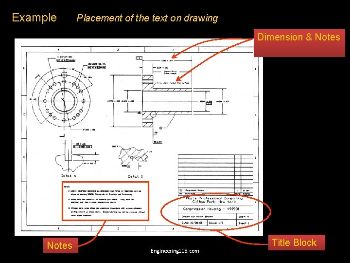 Example Placement of the text on drawing Dimension & Notes Engineering 108. com Title