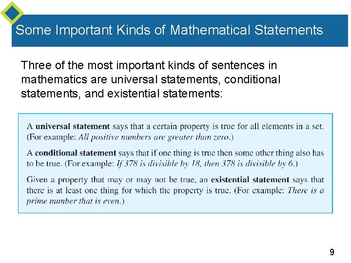 Some Important Kinds of Mathematical Statements Three of the most important kinds of sentences