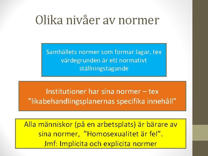 Olika nivåer av normer Samhällets normer som formar lagar, tex värdegrunden är ett normativt