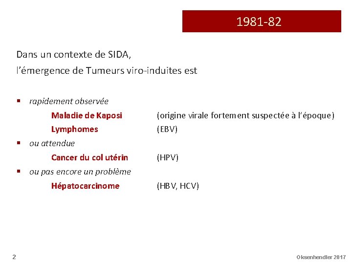 1981 -82 Dans un contexte de SIDA, l’émergence de Tumeurs viro-induites est § rapidement