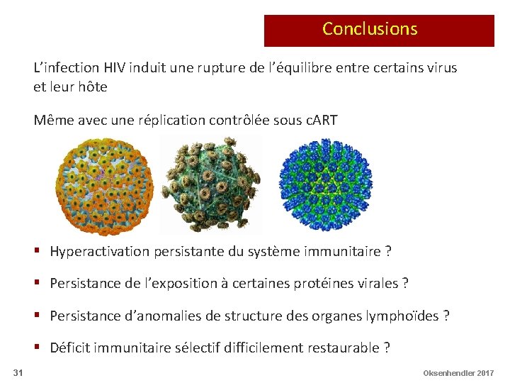 Conclusions L’infection HIV induit une rupture de l’équilibre entre certains virus et leur hôte