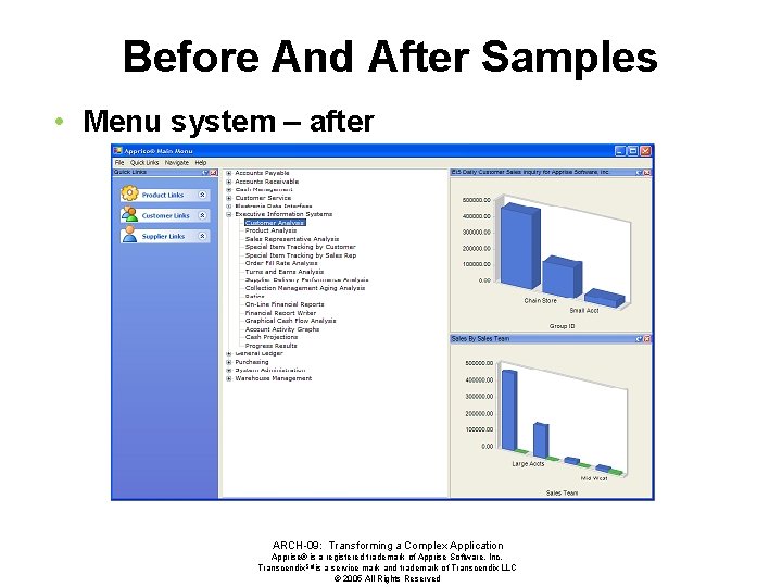 Before And After Samples • Menu system – after ARCH-09: Transforming a Complex Application