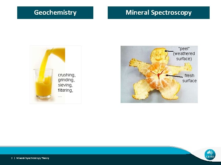 Geochemistry Mineral Spectroscopy “peel” (weathered surface) crushing, grinding, sieving, filtering, … 2 | Mineral