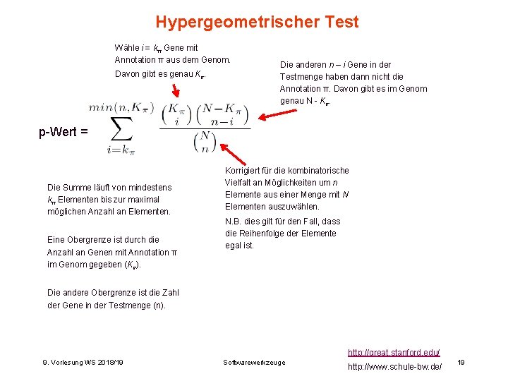 Hypergeometrischer Test Wähle i = kπ Gene mit Annotation π aus dem Genom. Davon Hypergeometrischer Test Wähle i = kπ Gene mit Annotation π aus dem Genom. Davon