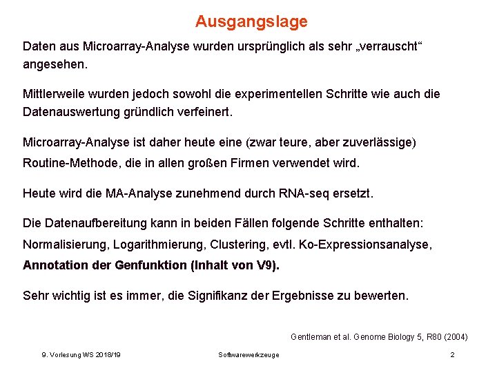 Ausgangslage Daten aus Microarray-Analyse wurden ursprünglich als sehr „verrauscht“ angesehen. Mittlerweile wurden jedoch sowohl Ausgangslage Daten aus Microarray-Analyse wurden ursprünglich als sehr „verrauscht“ angesehen. Mittlerweile wurden jedoch sowohl