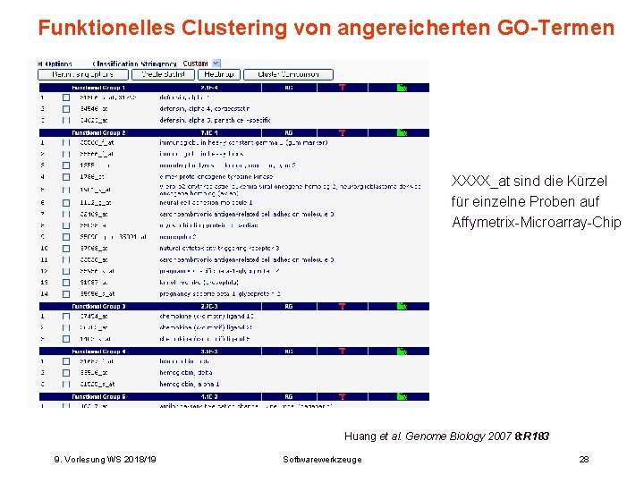 Funktionelles Clustering von angereicherten GO-Termen XXXX_at sind die Kürzel für einzelne Proben auf Affymetrix-Microarray-Chip Funktionelles Clustering von angereicherten GO-Termen XXXX_at sind die Kürzel für einzelne Proben auf Affymetrix-Microarray-Chip