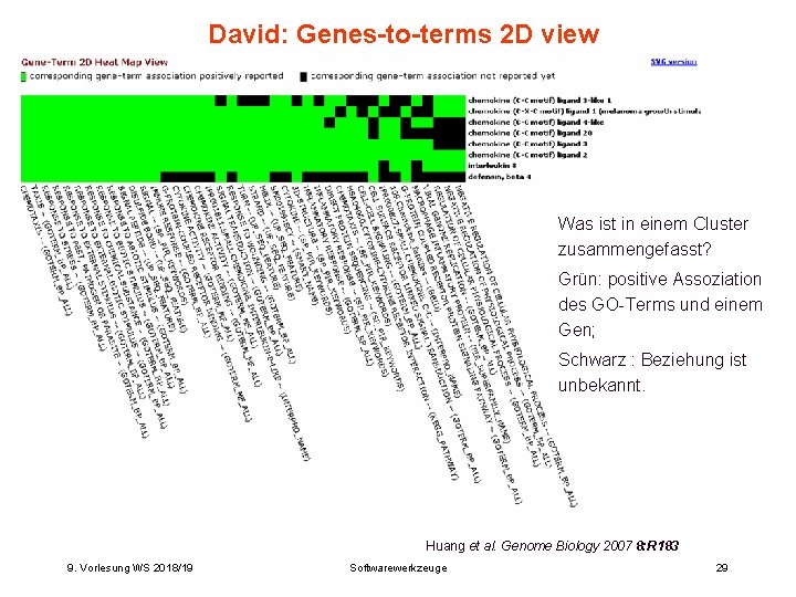 David: Genes-to-terms 2 D view Was ist in einem Cluster zusammengefasst? Grün: positive Assoziation David: Genes-to-terms 2 D view Was ist in einem Cluster zusammengefasst? Grün: positive Assoziation